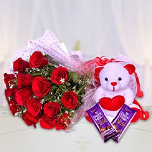 Red Roses N Teddy With Silk